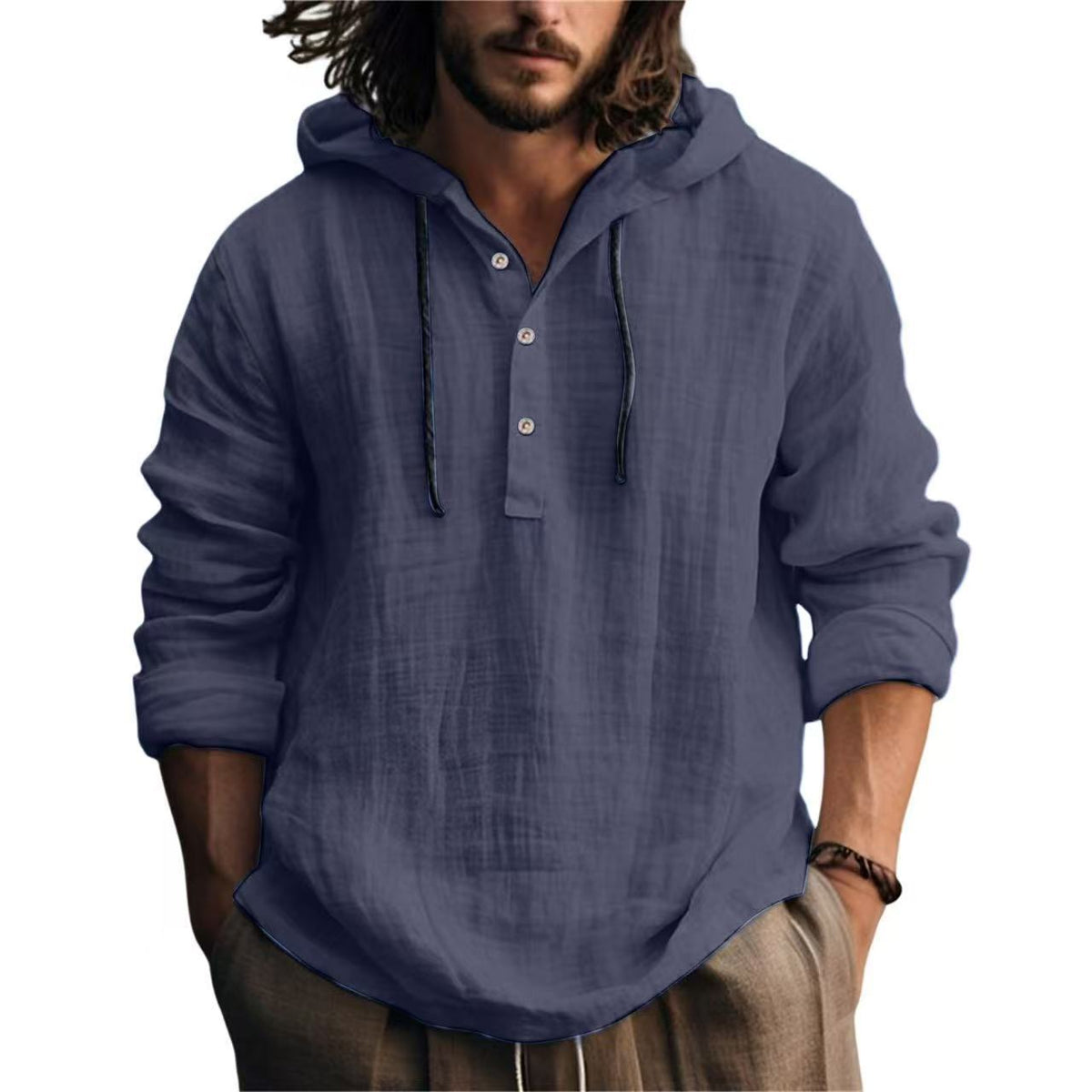 Mens Linen Hooded Shirt Long Sleeve Casual Loose Fit