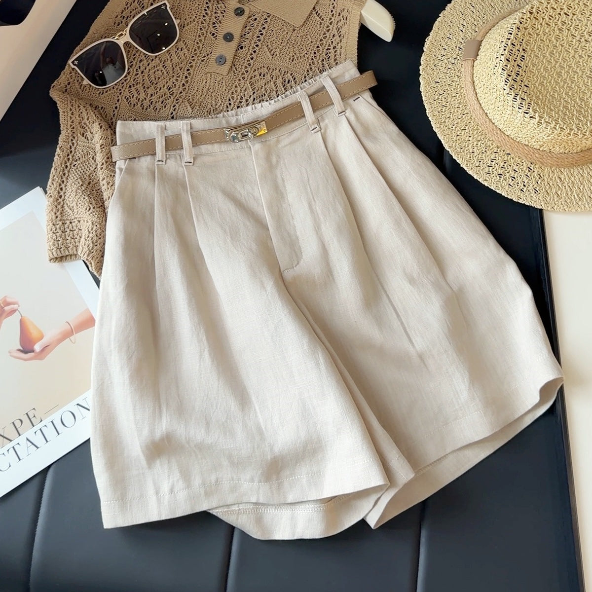 Women's Cotton Linen High Waist Wide Leg Shorts