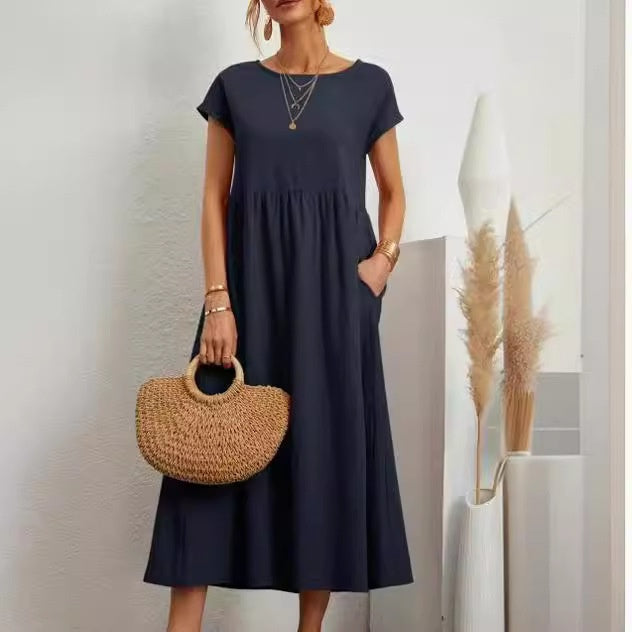 Womens Short Sleeve Cotton Linen Dress with Pockets