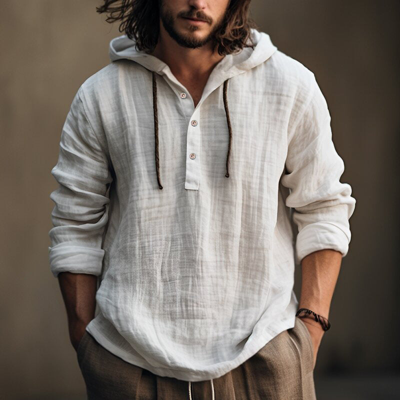 Mens Linen Hooded Shirt Long Sleeve Casual Loose Fit