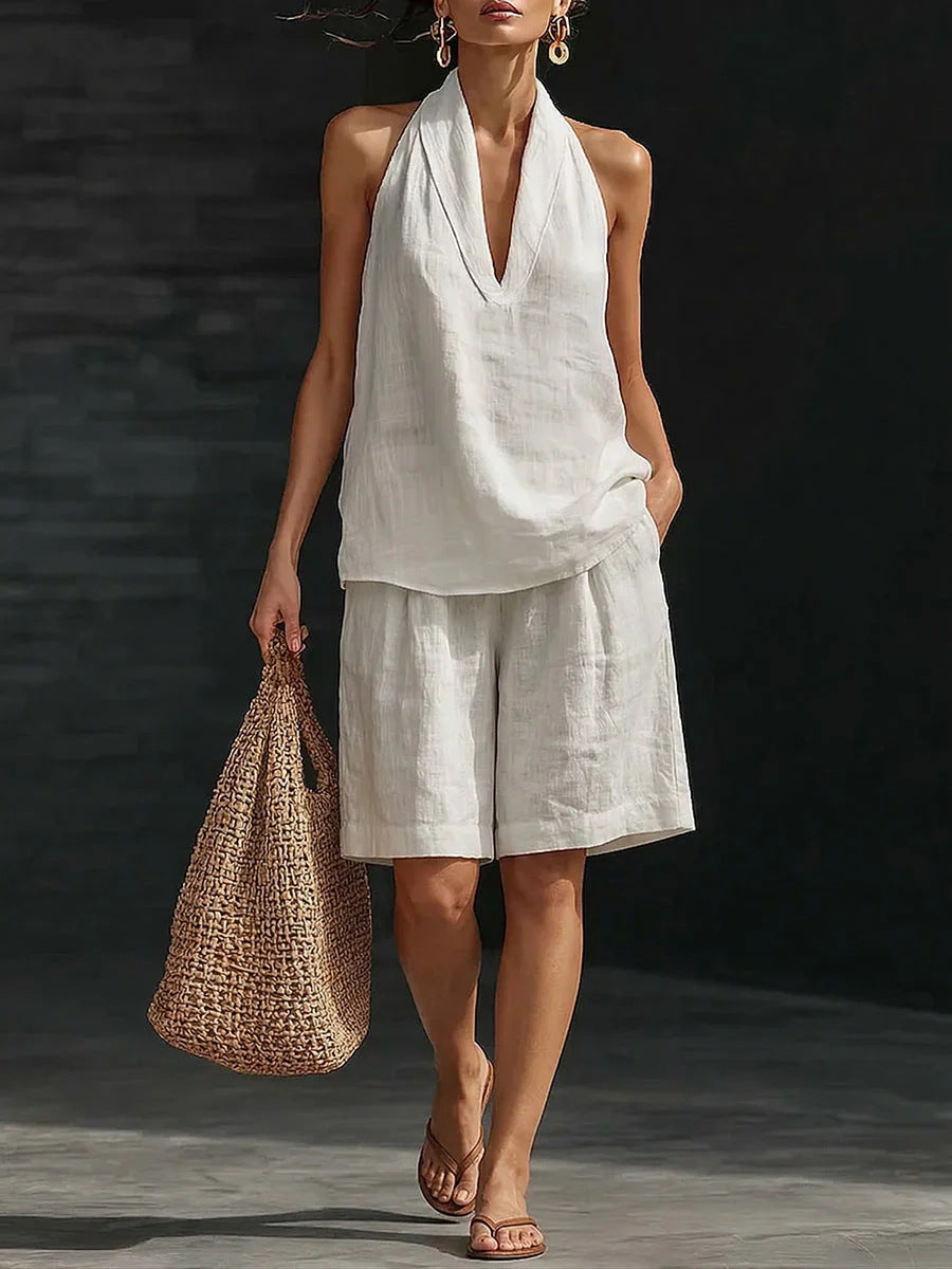 Women's Cotton Linen Vest Shorts Set