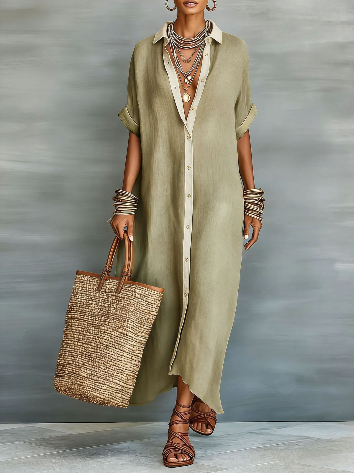Women's Cotton-Linen Color Block Dress
