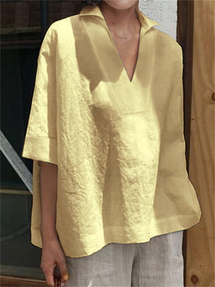Womens V-neck Cotton Linen Shirt