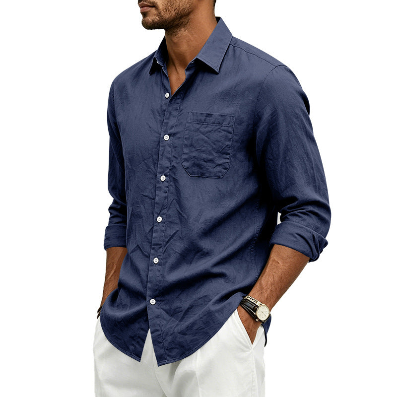 Mens Casual Linen Shirt Solid Color Long Sleeve Button Down