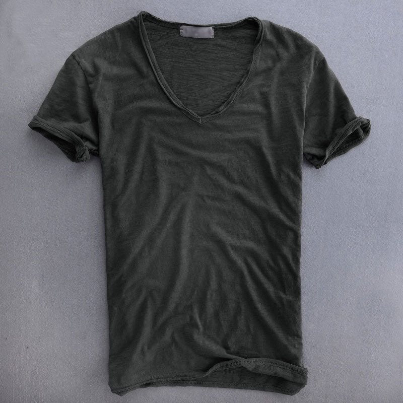 Men's Linen Cotton Short Sleeve T-Shirt V-Neck Solid Color