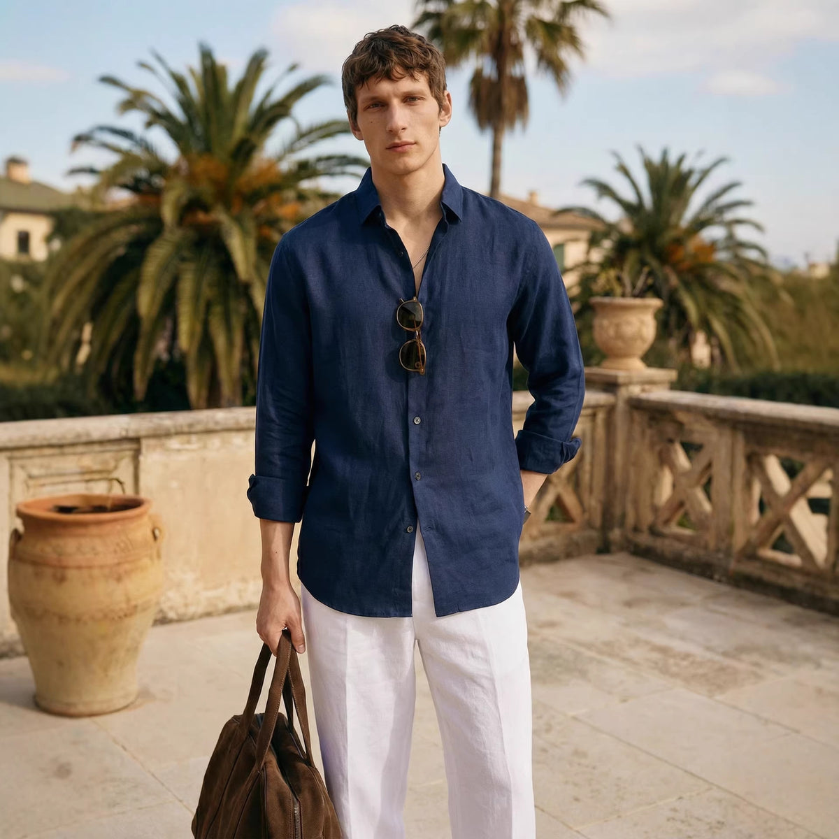 Men's Linen Long-Sleeved Shirt, Casual Breathable Button-Down Shirt, Beach Loose-Fitting Lazy Style Top