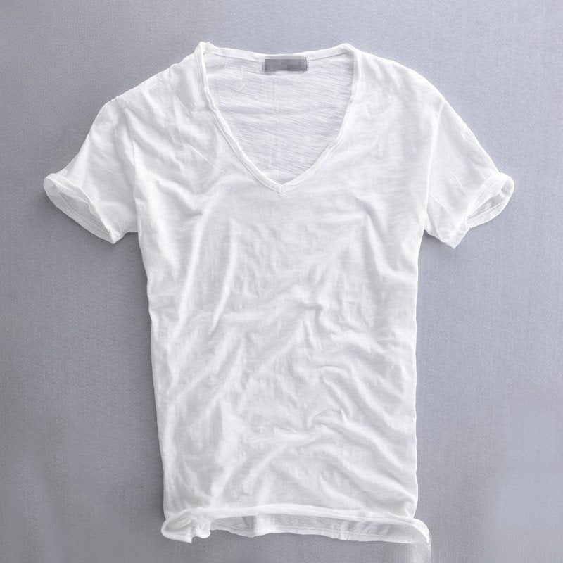 Men's Linen Cotton Short Sleeve T-Shirt V-Neck Solid Color