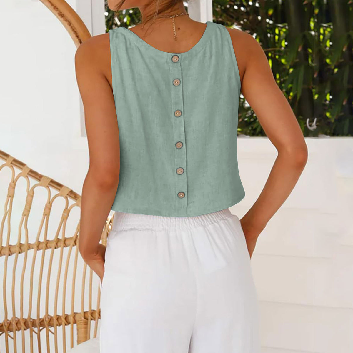 Womens Sleeveless Cotton Linen Button Shirt