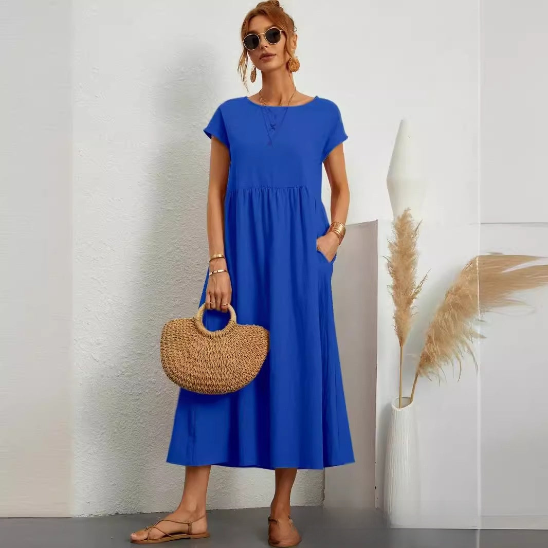 Womens Short Sleeve Cotton Linen Dress with Pockets