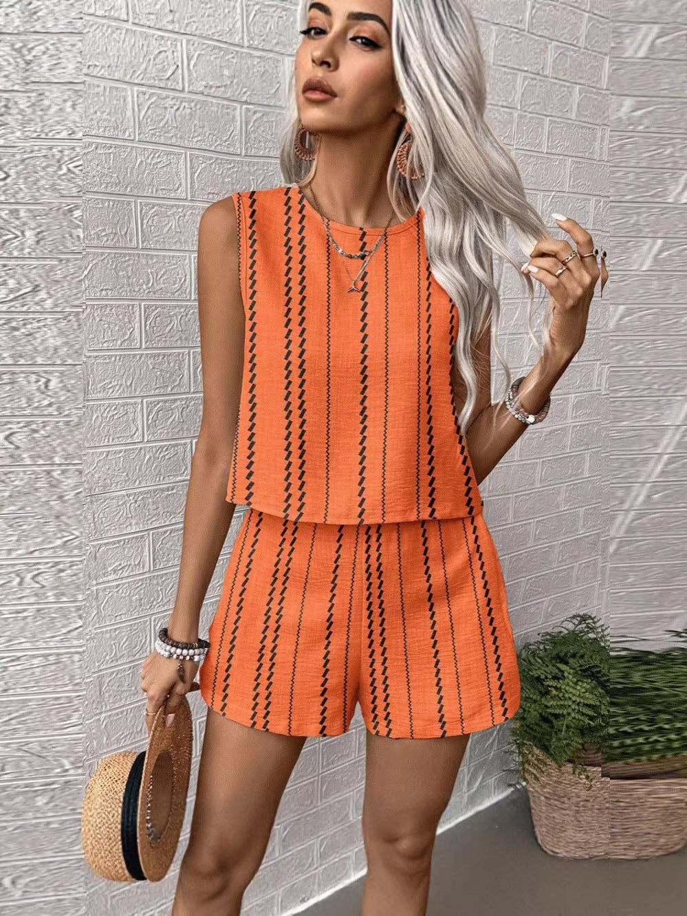Women Linen Vertical Striped Sleeveless Two Piece Shorts Set