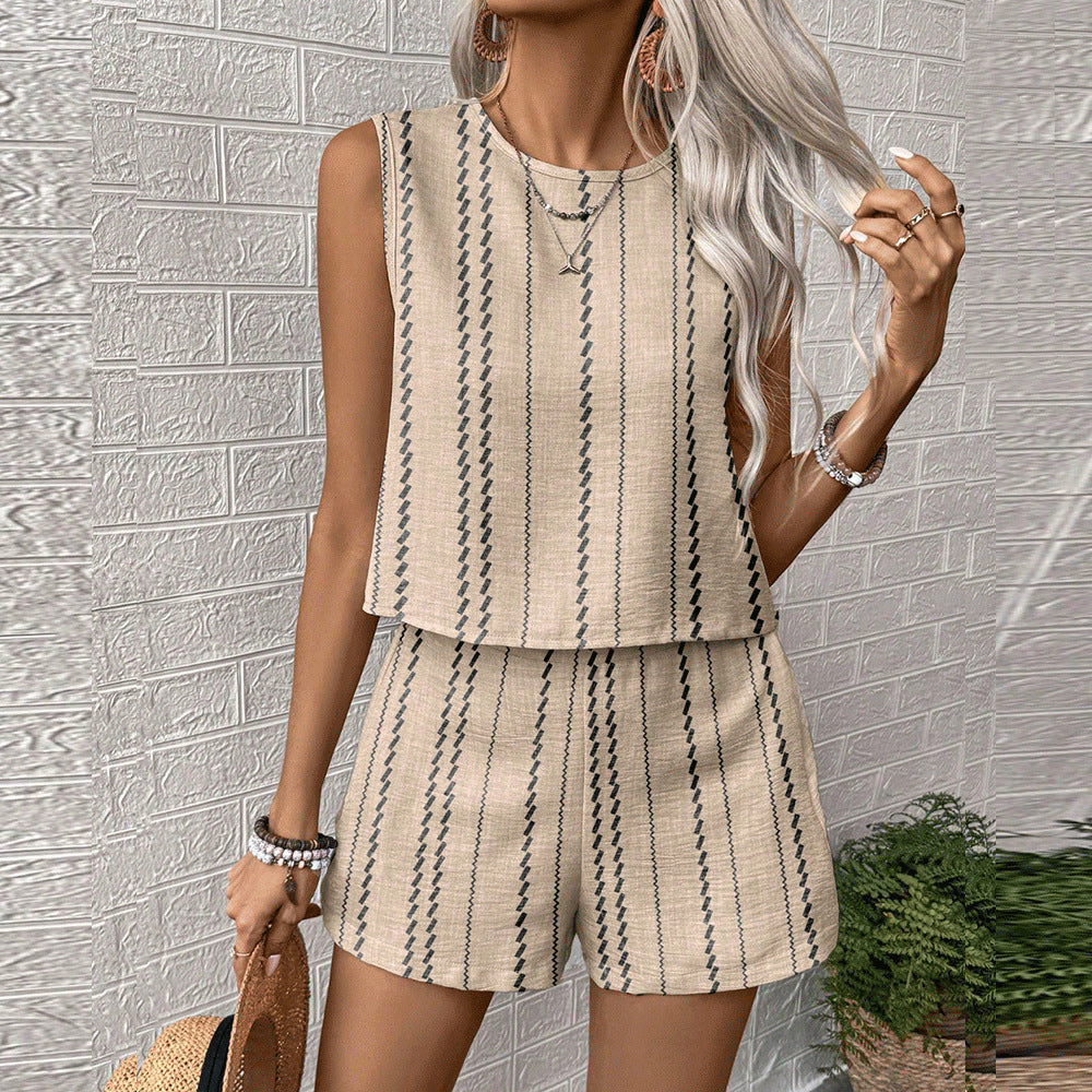Women Linen Vertical Striped Sleeveless Two Piece Shorts Set