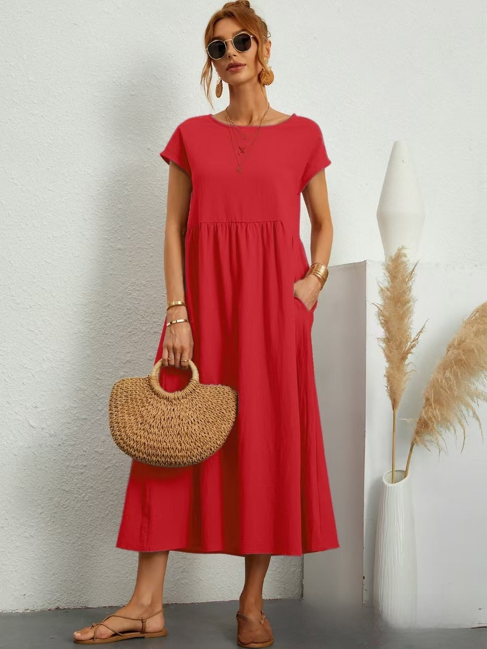 Womens Short Sleeve Cotton Linen Dress with Pockets