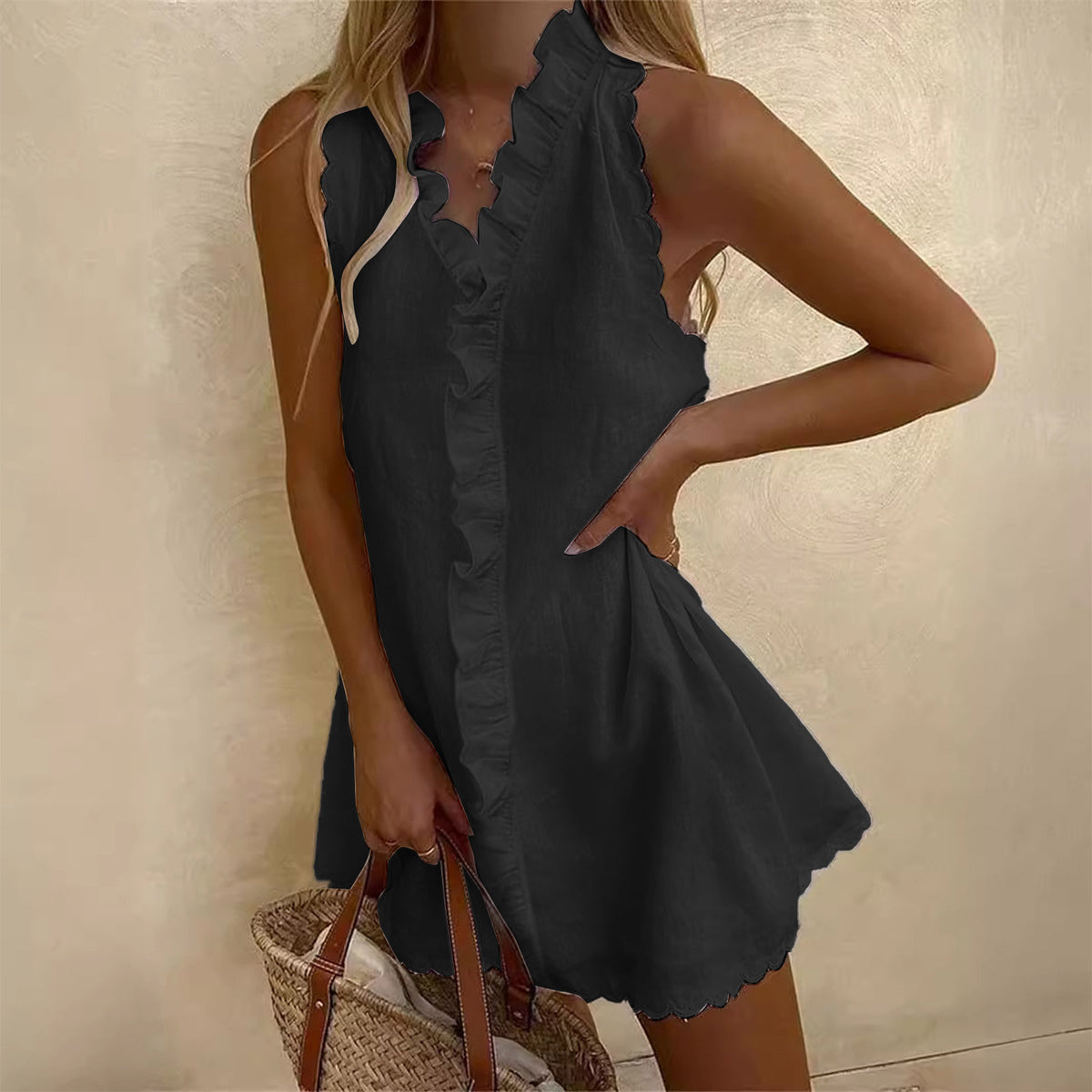 Womens Casual Cotton Linen Embroidered Dress