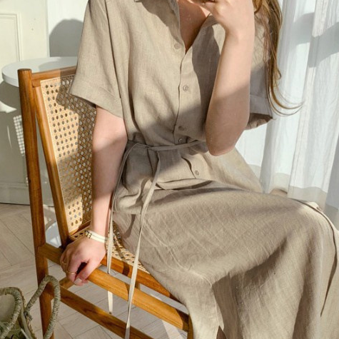 Korean Style Linen Shirt Dress with Lace-Up Waist