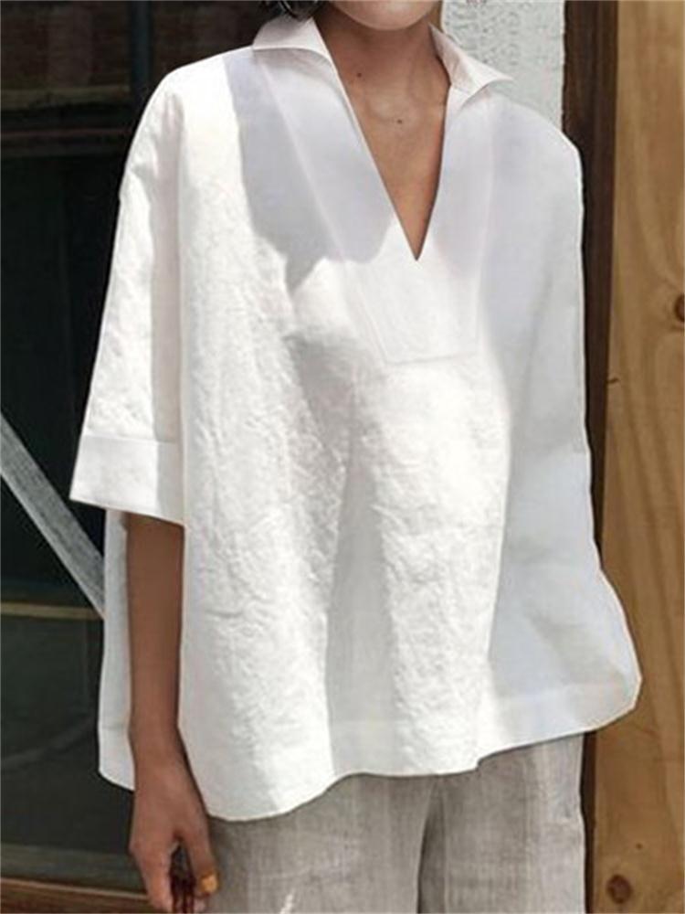 Womens V-neck Cotton Linen Shirt
