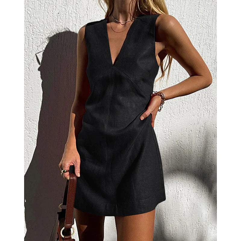 Womens Cotton Linen V-Neck A-Line Dress