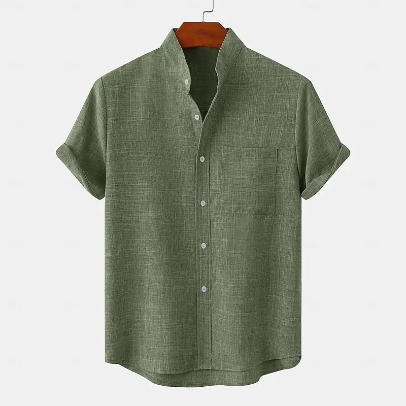 Mens Solid Color Linen Button Down Short Sleeve Shirt