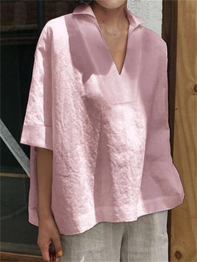 Womens V-neck Cotton Linen Shirt