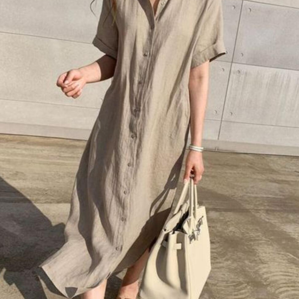 Korean Style Linen Shirt Dress with Lace-Up Waist