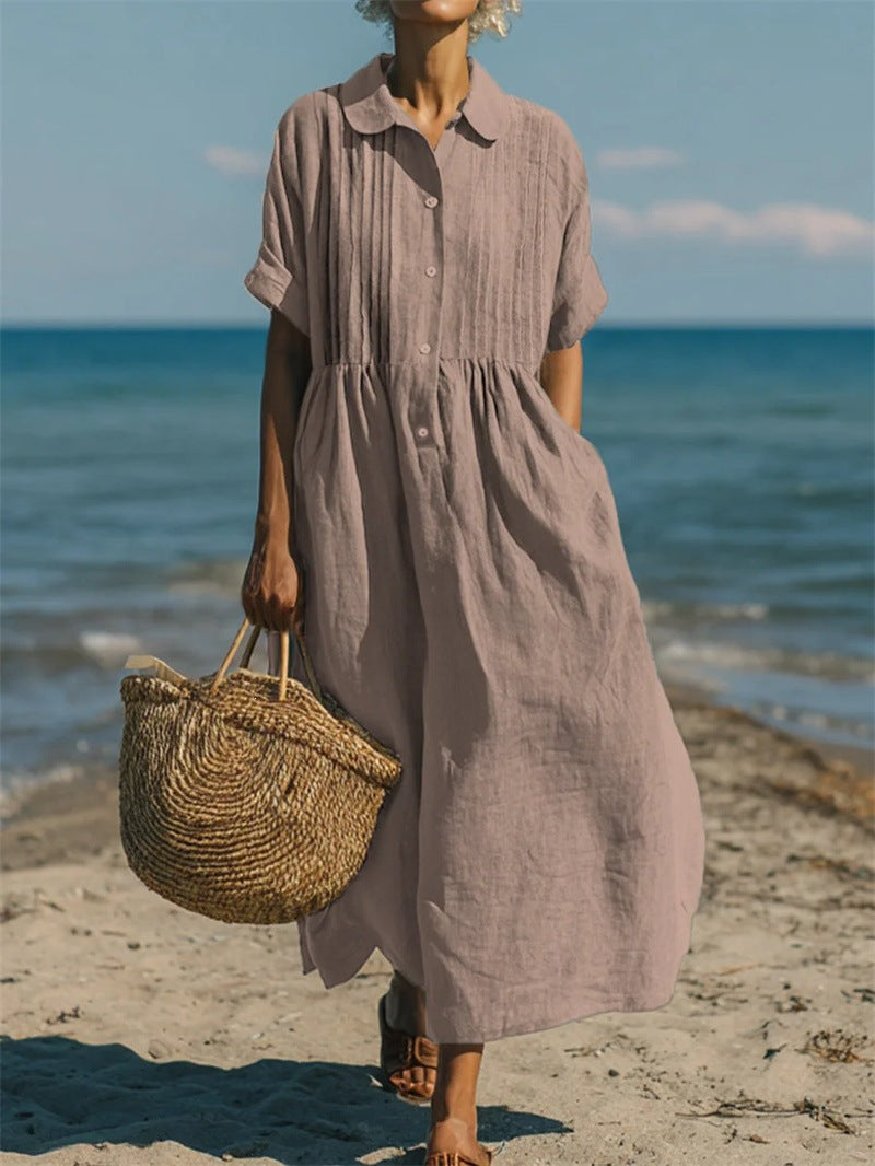 Women's long dress casual loose collar buttoned pleated short-sleeved cotton and linen blouse