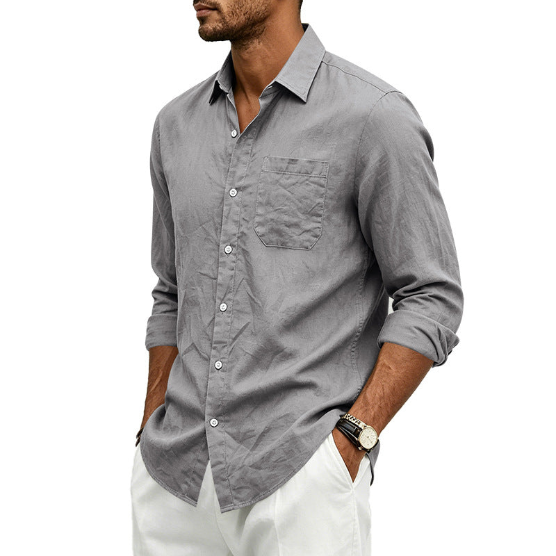 Mens Casual Linen Shirt Solid Color Long Sleeve Button Down