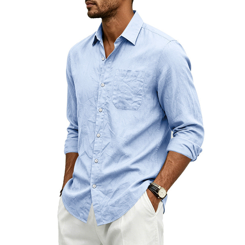 Mens Casual Linen Shirt Solid Color Long Sleeve Button Down