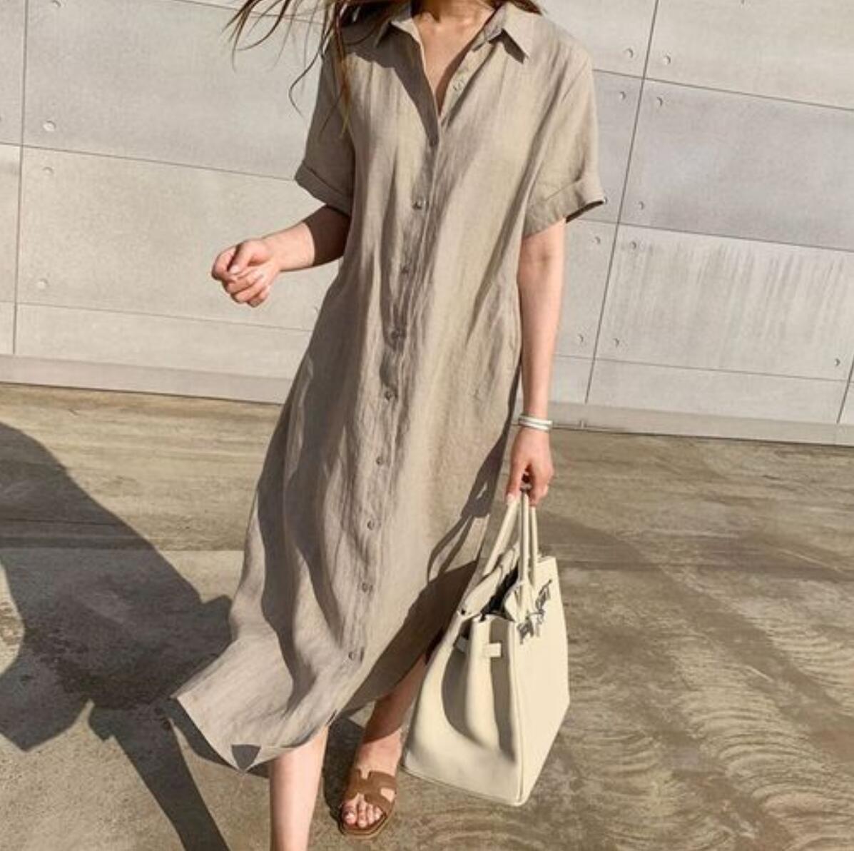Korean Style Linen Shirt Dress with Lace-Up Waist