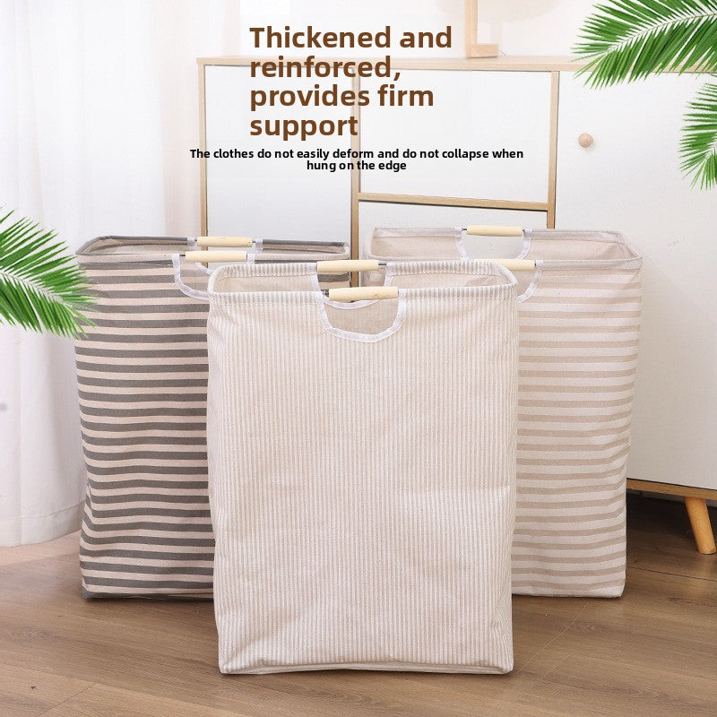 Cotton Linen Foldable Laundry Basket with Wooden Handle Storage Organizer
