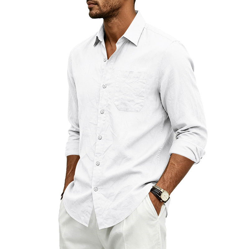 Mens Casual Linen Shirt Solid Color Long Sleeve Button Down