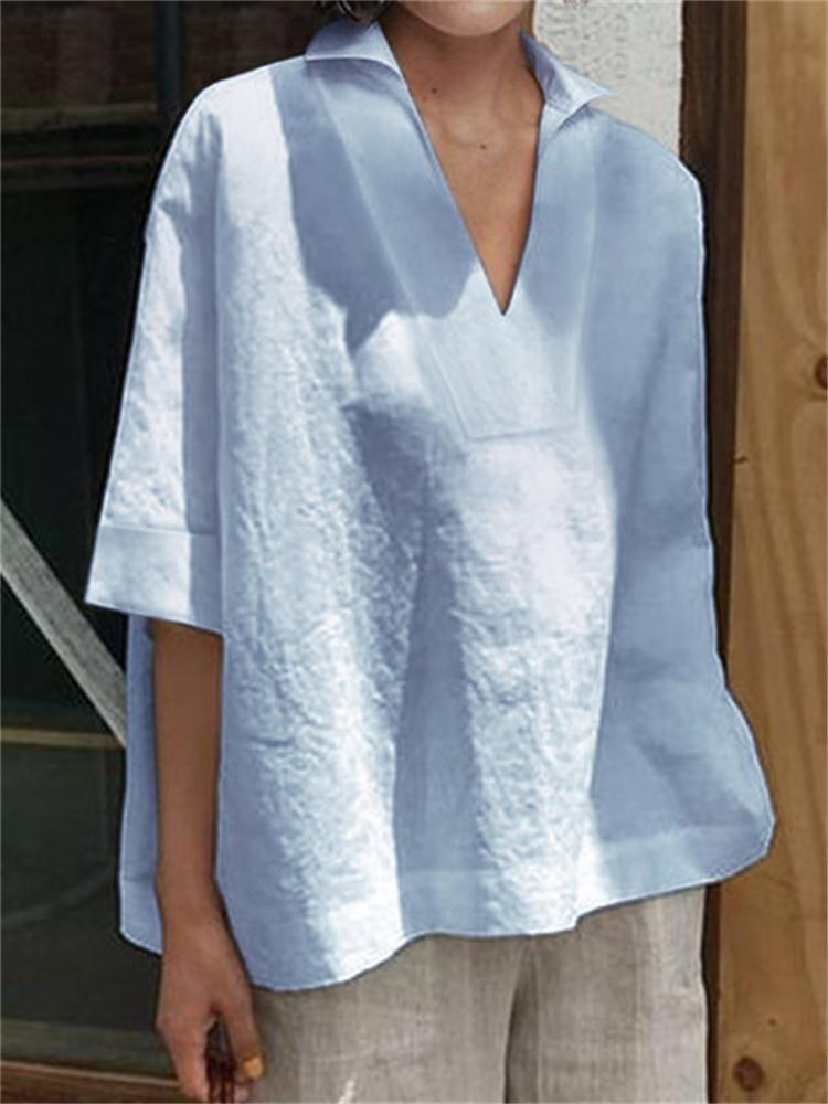 Womens V-neck Cotton Linen Shirt