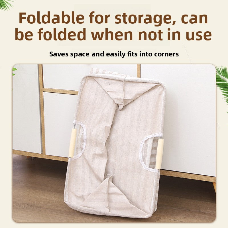 Cotton Linen Foldable Laundry Basket with Wooden Handle Storage Organizer