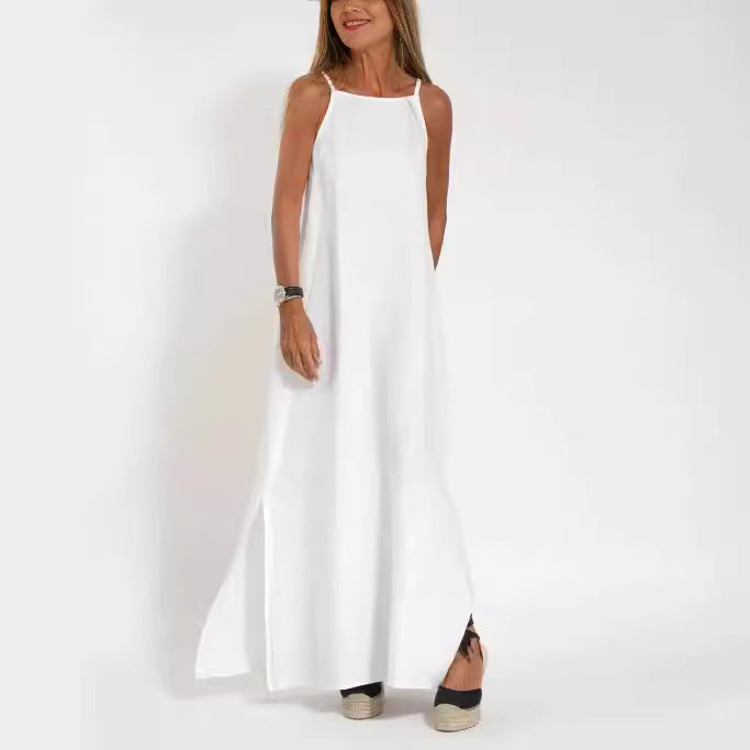 Casual Cotton Linen Slit Suspender Dress