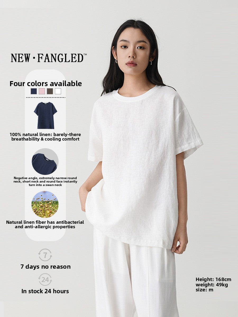 Women's Loose Linen T-shirt Short Sleeve Round Neck Top