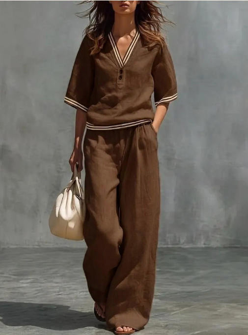 Womens Linen V Neck Wide Leg Pants Set