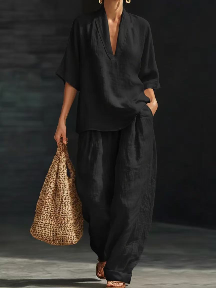 Womens Linen V-Neck Short-Sleeve Wide-Leg Pants