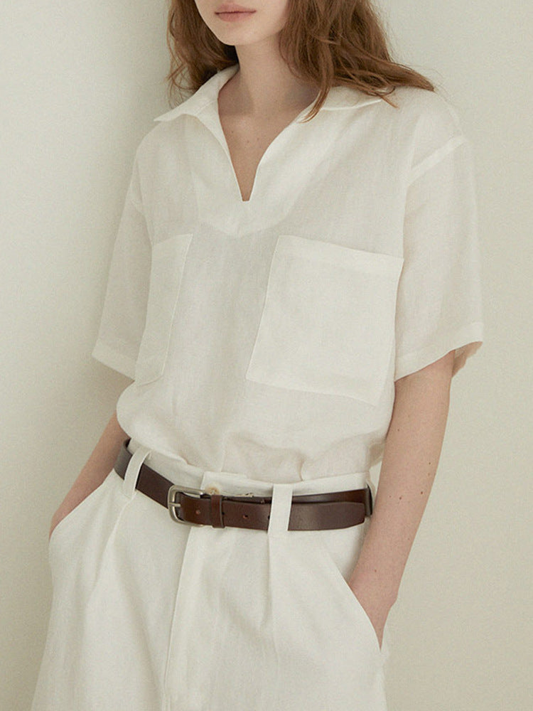 Linen V-Neck Loose Short Sleeve Womens Shirt