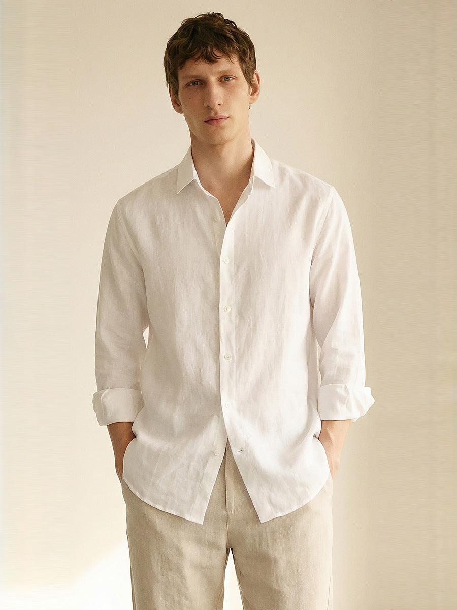 Men's Linen Long-Sleeved Shirt, Casual Breathable Button-Down Shirt, Beach Loose-Fitting Lazy Style Top