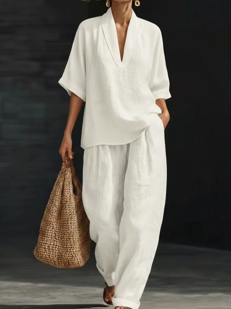 Womens Linen V-Neck Short-Sleeve Wide-Leg Pants