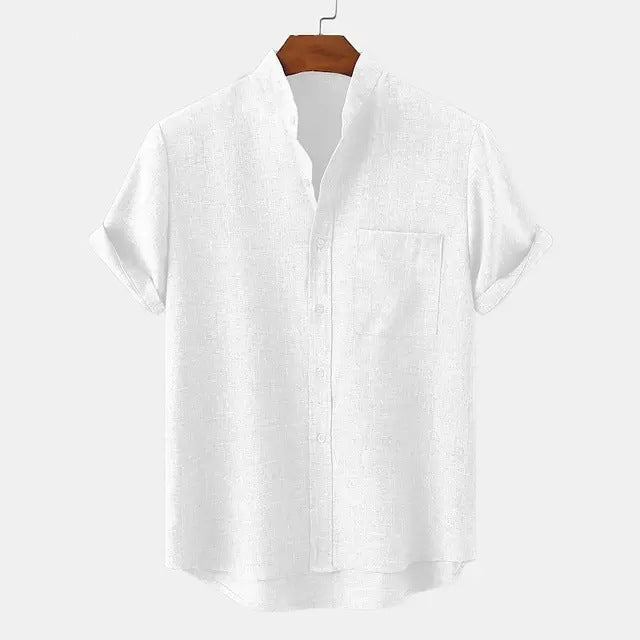 Mens Solid Color Linen Button Down Short Sleeve Shirt