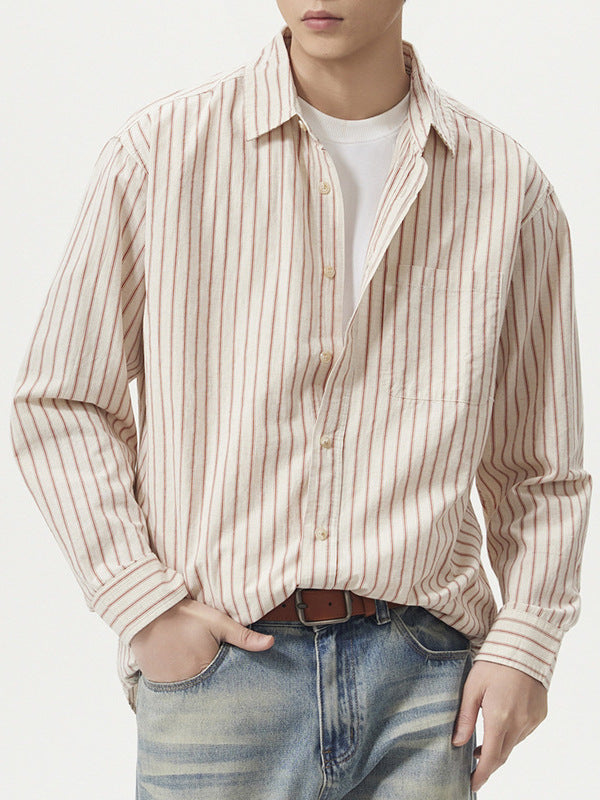 Mens Linen Blend Striped Long Sleeve Shirt