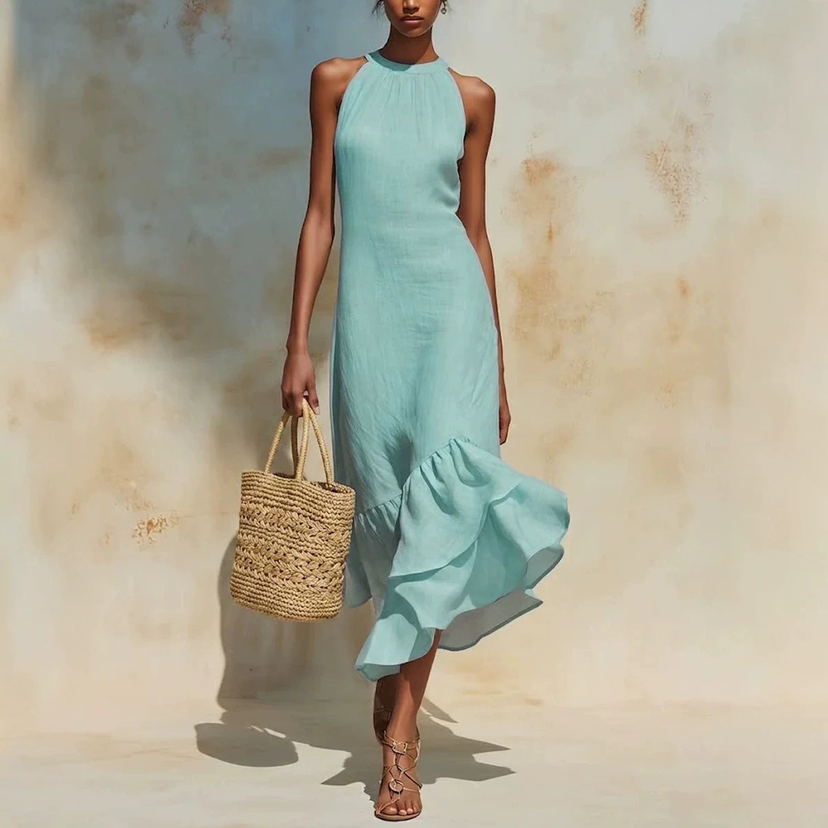Womens Asymmetrical Hem Linen Dress