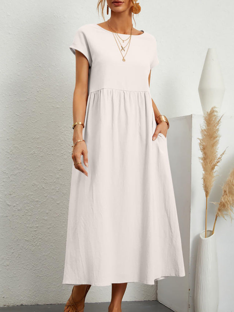 Womens Short Sleeve Cotton Linen Dress with Pockets