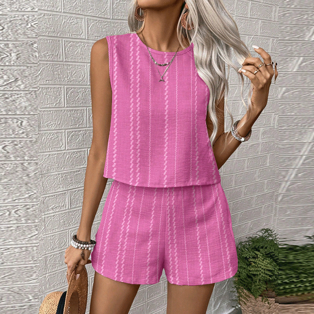 Women Linen Vertical Striped Sleeveless Two Piece Shorts Set