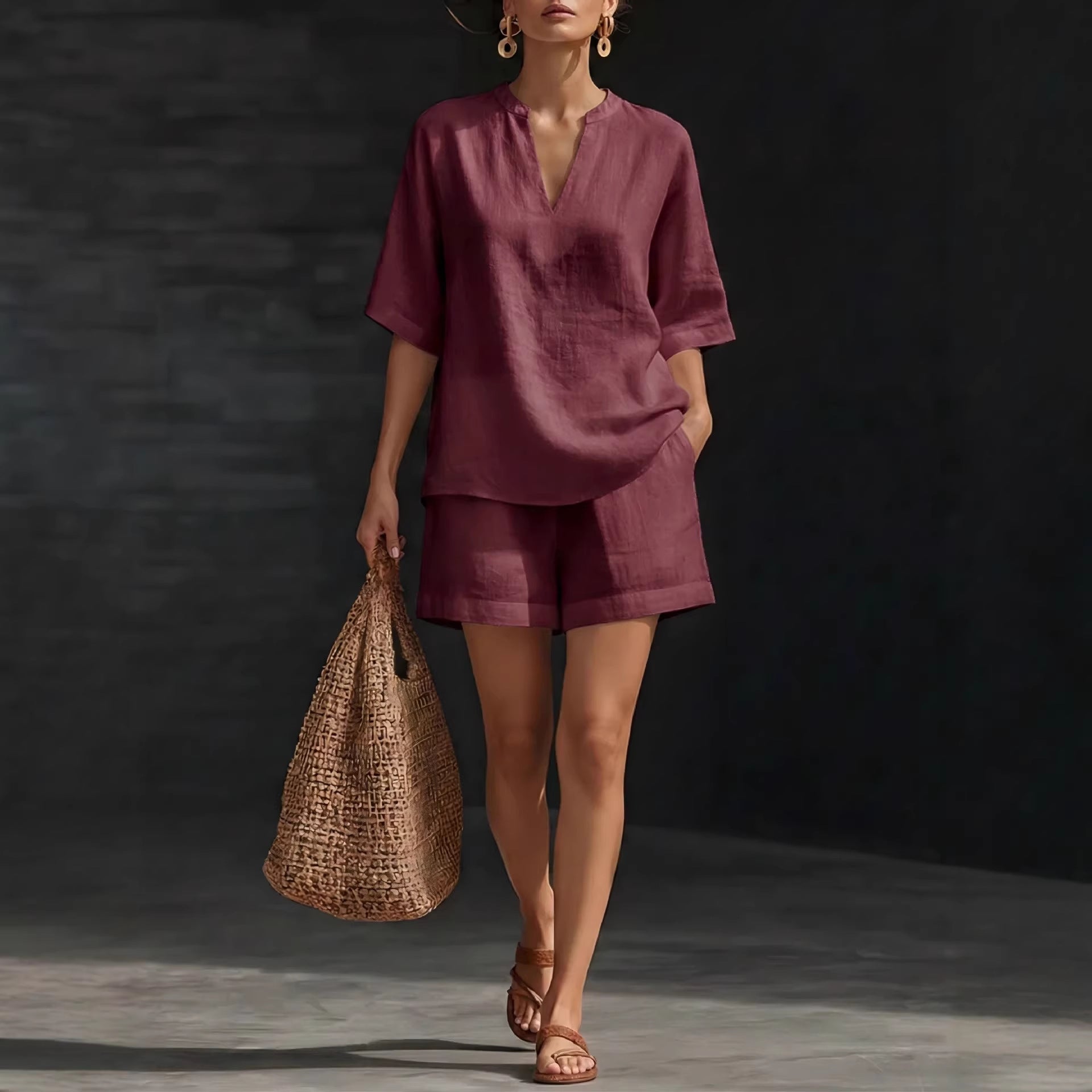 Womens V-Neck Linen Cotton Two-Piece Set