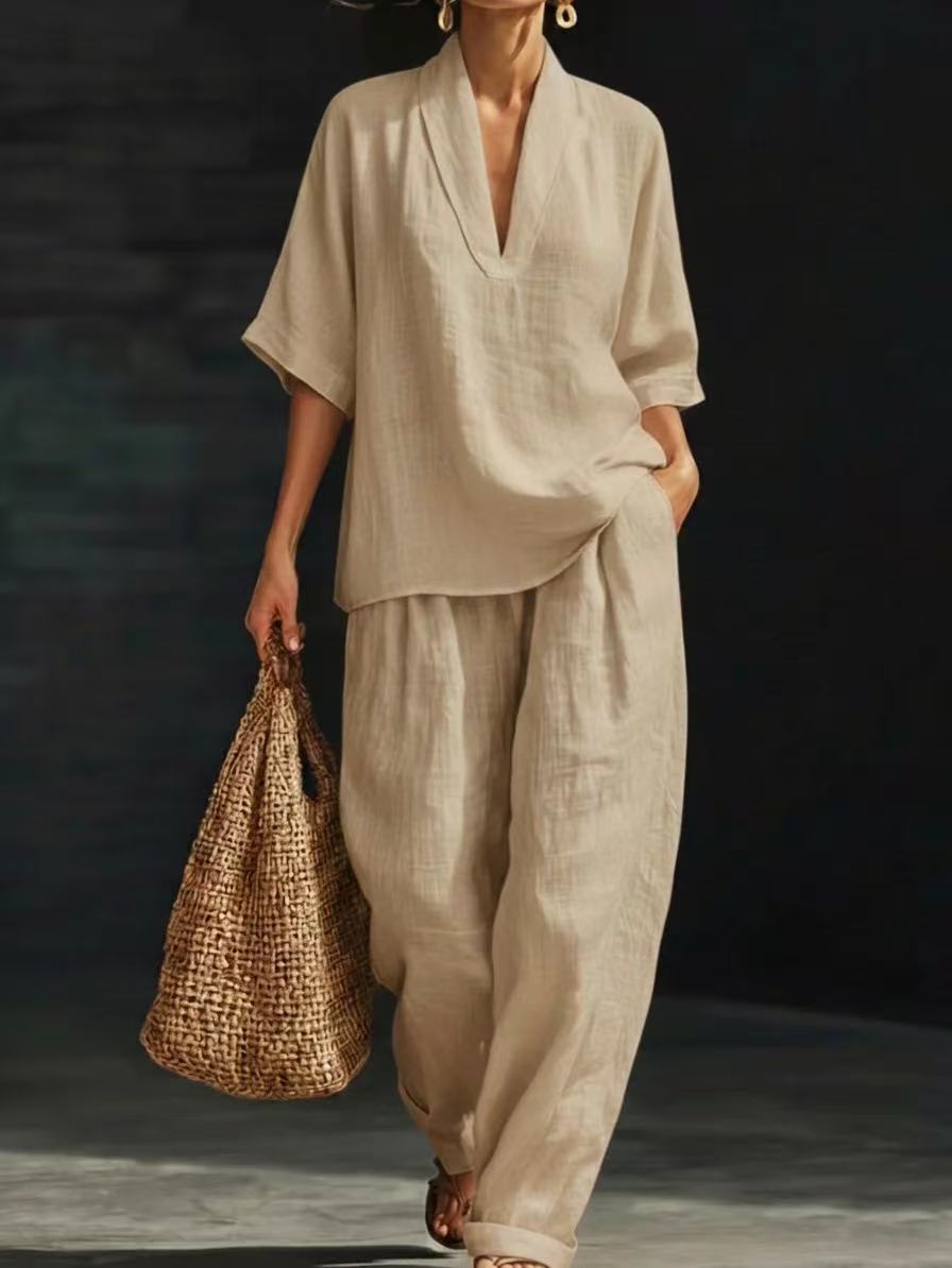 Womens Linen V-Neck Short-Sleeve Wide-Leg Pants