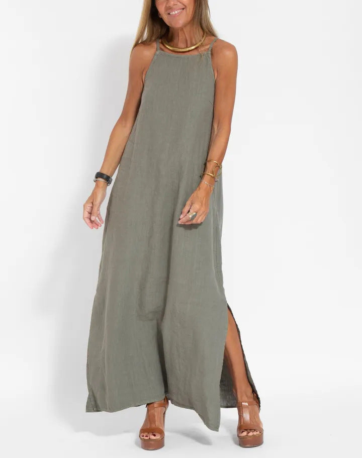 Casual Cotton Linen Slit Suspender Dress