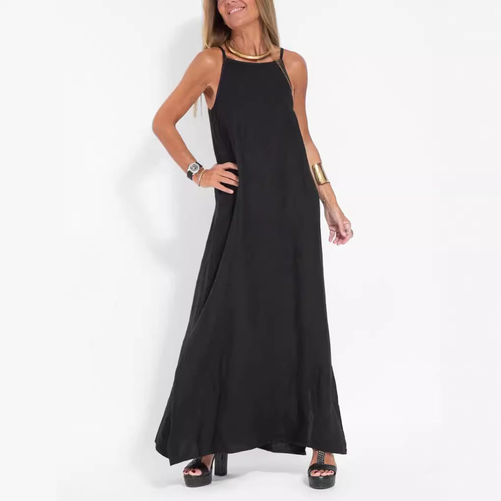 Casual Cotton Linen Slit Suspender Dress