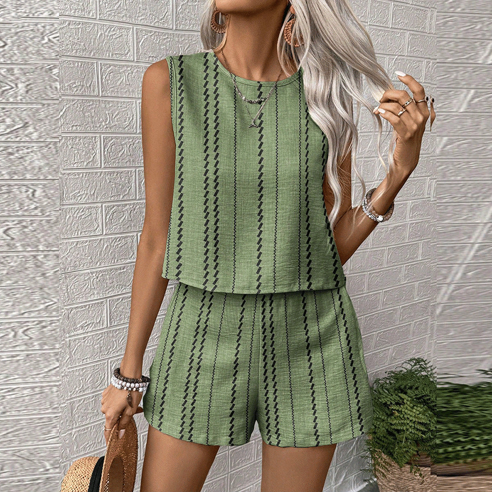 Women Linen Vertical Striped Sleeveless Two Piece Shorts Set