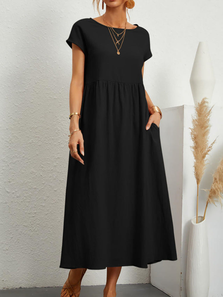 Womens Short Sleeve Cotton Linen Dress with Pockets