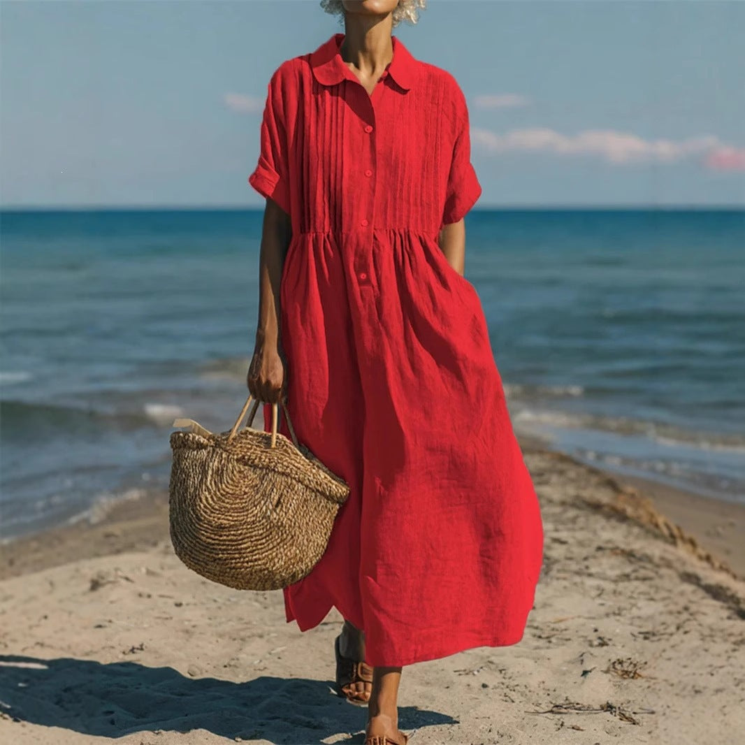 Women's long dress casual loose collar buttoned pleated short-sleeved cotton and linen blouse
